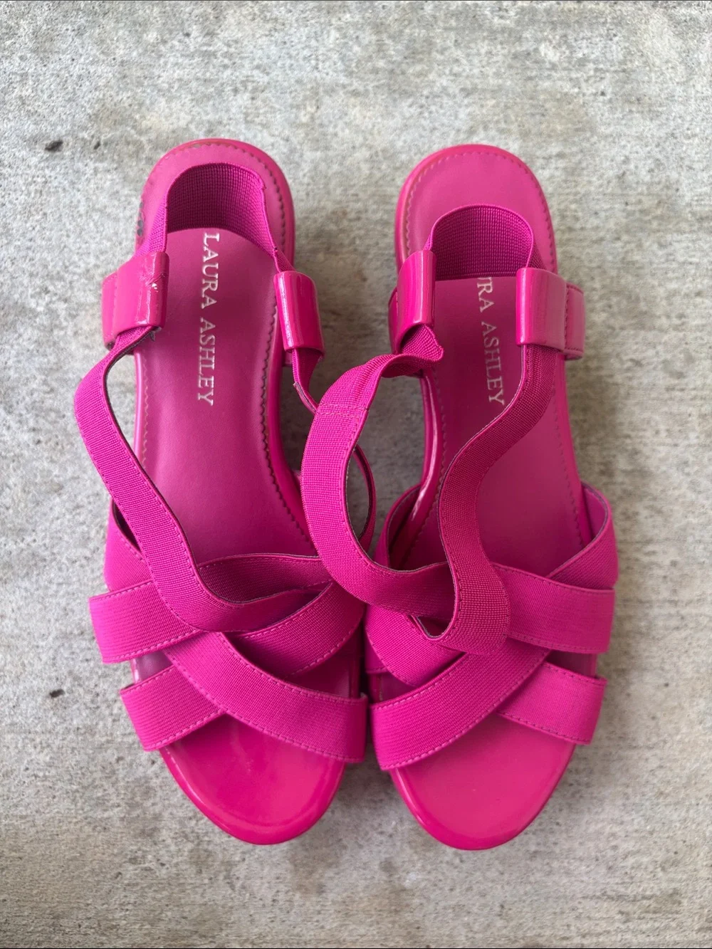 Laura Ashley Bright Pink Elastic Crossover Cork Wedge Sandals